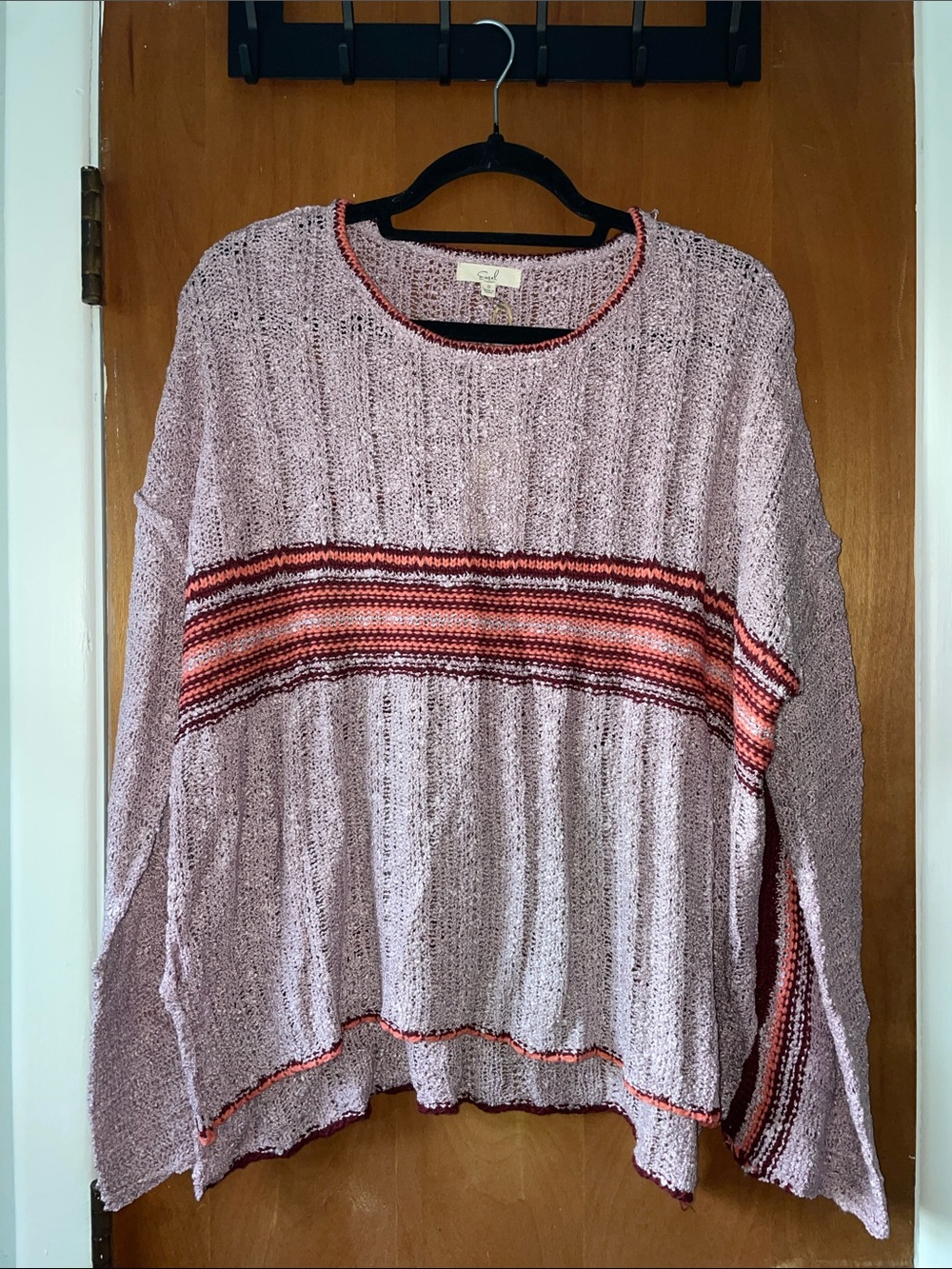 easel Mauve Crewneck Sweater with Red and Coral Stripe
